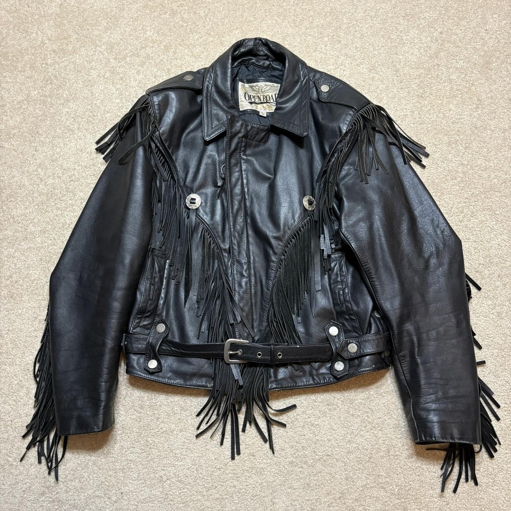 Vtg Open Road Leather Jacket Mens 40 Black Fringe Biker Motorcycle 90s Wilsons